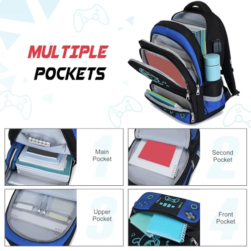 Bevalsa Backpack for School Boys, Cool Luminous Gamer Boys Schoolbag with Sling Bag,Lunch Box & Pencil Case for Kids Children Teens Elementary Middle School(Blue Backpack with Shoulder Bag) - color: Blue, style: Backpack With Shoulder Bag