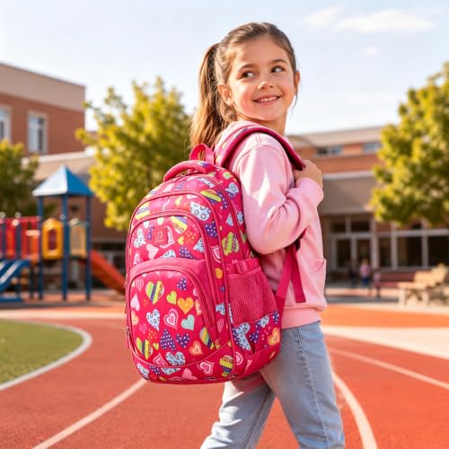 MYGOO Girls School Backpack Grove Heart Magenta Bookbag for Elementary Middle School Ages 5-12, 17 inch Large Capacity 24L Kids Student Travel Bags - color: Grove Heart Magenta