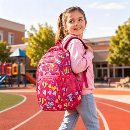 MYGOO Girls School Backpack Grove Heart Magenta Bookbag for Elementary Middle School Ages 5-12, 17 inch Large Capacity 24L Kids Student Travel Bags - color: Grove Heart Magenta