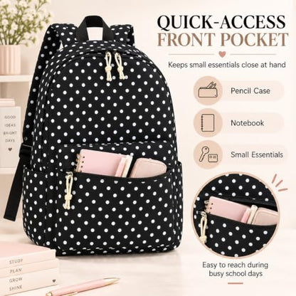 LOIDOU Girls Backpack for Kids Cute School Bookbag - color: Black Polka Dots, size: L-17"