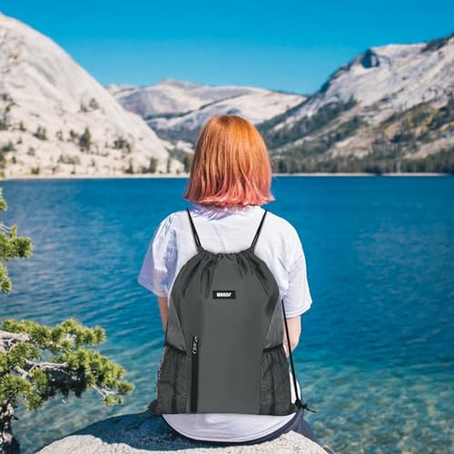 WANDF Drawstring Backpack Sports Gym Sackpack with Mesh Pockets Water Resistant String Bag for Women Men (Grey) - color: Grey