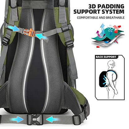 King'sGuard 70L Hiking Backpack with Rain Cover Lightweight Waterproof Travel Camping Backpack Large Backpacking Pack - color: Army Green