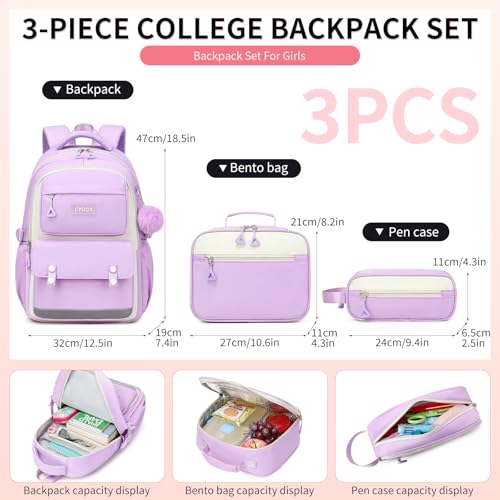 CYOQX 3PCS School Backpack for Girls with Lunch Box Teen Girl Backpack Set Elementary Middle High School Bag Cute Bookbags (Purple 3pcs) - color: Purple 3pcs
