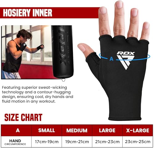 RDX Boxing Hand Wraps Inner Gloves Men Women, Half Finger Elasticated Bandages, Under Mitts Fist Protection, Muay Thai, Kickboxing, MMA, Martial Arts Speed Bag Punching Training - color: Black, size: Small