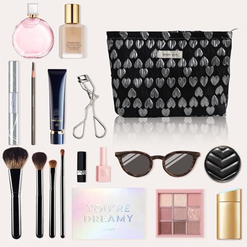 Wudygirl Cute Makeup Bag Cosmetic Bag Travel Cosmetic Pouch for Women Aesthetic Canvas Make up Organizer with Zipper Large Capacity Handbag Pencil Pouch (Black Heart) - color: Black Heart