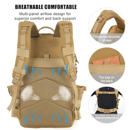 Military Tactical Backpack 25L Day Backpack for Men Molle Army 3 Days Assault Pack Bug Out Bag Water Resistant and Heavy Duty Hiking Treeking Rucksack - Brown - color: Brown, size: 25L