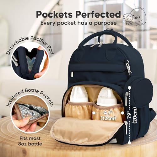 KeaBabies Diaper Bag Backpack - Small Multifunctional Travel Diaper Back Packs, Maternity Baby Changing Bags, 12L Capacity, PU Leather, Waterproof, Unisex, Nappy Changing Pad (Navy Blue, Small) - color: Navy Blue, style: Small / 13" H
