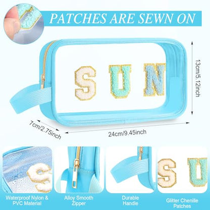 Kacctyen Letter Clear Makeup Bags Sun Pouch Blue Preppy Patch Clear Travel Bag with Zipper Chenille Nylon Cosmetics Waterproof Sandproof Bags Toiletry Storage Snack Sunscreen Pouch for Women - color: Blue, style: Sun