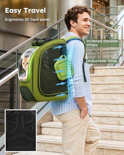 Pecute Cat Backpack Carrier,Large Space Cat Bubble Backpack,Ergonomic,Green | Color Blocking,Sunshade curtain,Folding bowl,Transparent window,Sturdy,Large mesh on both sides for breathability - color: Green-on-Green Color Blocking