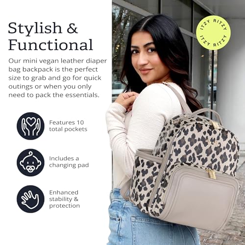 Itzy Ritzy Mini Diaper Bag Backpack – Chic, Compact Mini Plus Backpack with Changing Pad, 10 Pockets (6 Internal, 4 External), Grab-Top Handle & Rubber Feet (Leopard) - color: Leopard