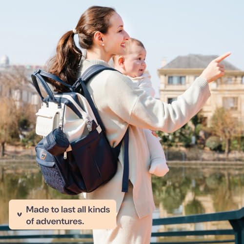 BabbleRoo Leather Diaper Bag Backpack, Multifunction Large Bags with Changing Pad & Stroller Straps Pacifier Case, Unisex Stylish Travel Back Pack Nappy for Moms Dads (Blueberry Cream) - color: Vegan Leather, Blueberry Cream
