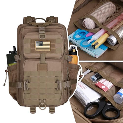 Hannibal Tactical 45L MOLLE Assault Backpack, Tactical Backpack Military Army Camping Rucksack with Bottle Holder, 3-Day Pack Trip w/USA Flag Patch, D-Rings, Khaki - color: Khaki, size: 45L