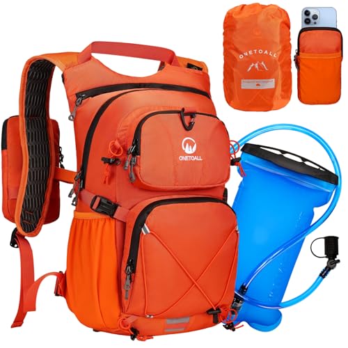 Hydration Backpack 22L, Hiking Backpack with 2L Leakproof Bladder, Sewn-in Rain Cover, Insulated Compartment for Men & Women Running, Cycling, Camping - color: Orange