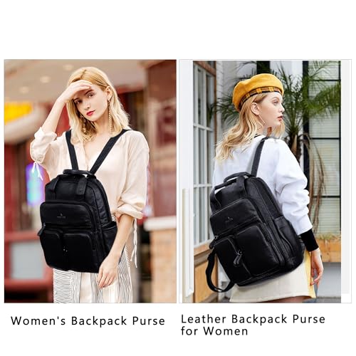 Angel Kiss Backpack Purse for Women Soft Washed Leather Multi Pocket Casual Travel Backpacks… - color: Black