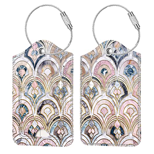 Fintie Luggage Tags, Privacy Cover ID Label with Stainless Steel Loop and Address Card for Travel Bag Suitcase - Marble Tiles (2 Piece) - color: Marble Tiles