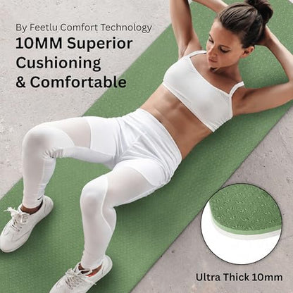 Extra Thick Yoga Mat with Carry Strap, 10mm Non-Slip Exercise Mat, 72 x 24 Inch Cushioned Workout Mat for Yoga, Pilates, Stretching & Floor Exercises - color: Green & Cream