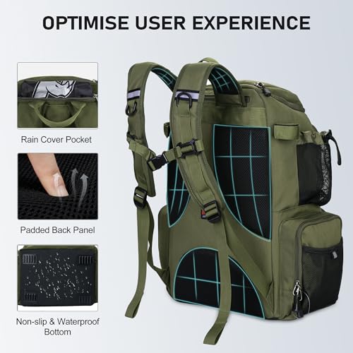 N NEVO RHINO Fishing Tackle Backpack with Rod Holders, 40L Large Fishing Bag with Waterproof Rain Cover,Outdoor Tackle Bag - color: Army Green Pack with 4 Trays, size: Pack with 4 Trays