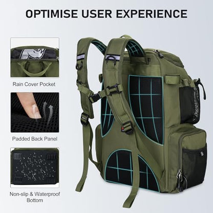 N NEVO RHINO Fishing Tackle Backpack with Rod Holders, 40L Large Fishing Bag with Waterproof Rain Cover,Outdoor Tackle Bag - color: Army Green Pack with 4 Trays, size: Pack with 4 Trays