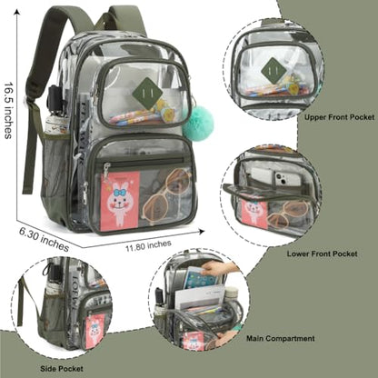 Heavy Duty Clear Backpack for Girls Boys Transparent School Bookbag Kids Durable PVC See Through Backpack-Army Green - color: Army Green