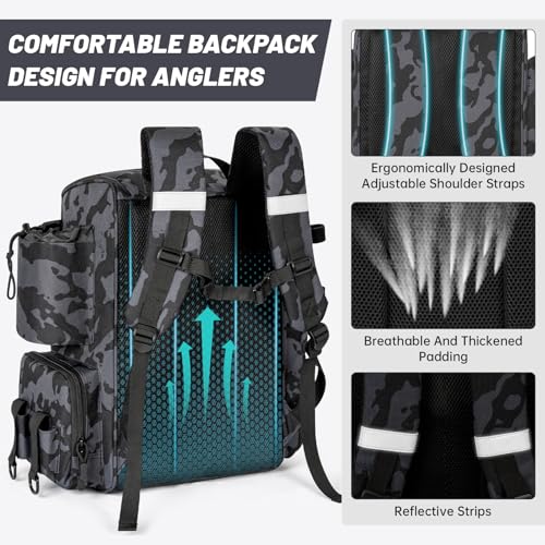 40L Fishing Backpack Water Resistant Fishing Tackle Bag with 2 Rod Holders, Tackle Storage Bag for Anglers（Black camo,Bag Only - color: Black Camo