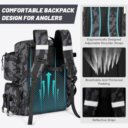 40L Fishing Backpack Water Resistant Fishing Tackle Bag with 2 Rod Holders, Tackle Storage Bag for Anglers（Black camo,Bag Only - color: Black Camo
