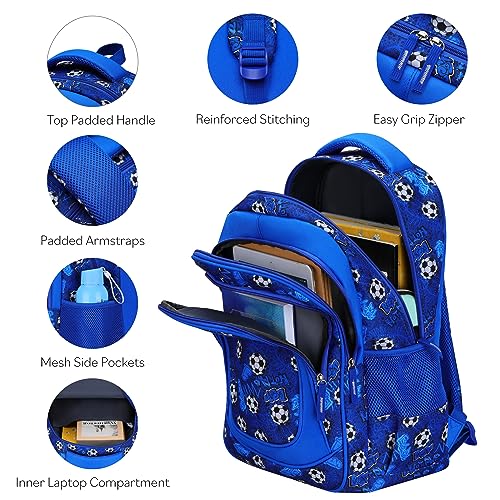 MYGOO Boys School Backpack Vineyard Soccer Blue Bookbag for Elementary Middle School Ages 5-12, 17 inch Large Capacity 24L Kids Student Travel Bags - color: Vineyard Soccer Blue