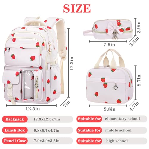 Girls Backpack Set with Lunch Box & Pencil Case, Floral Print Girls School Backpack for Elementary/Middle/High School (Beige-Strawberry) - color: Beige-strawberry