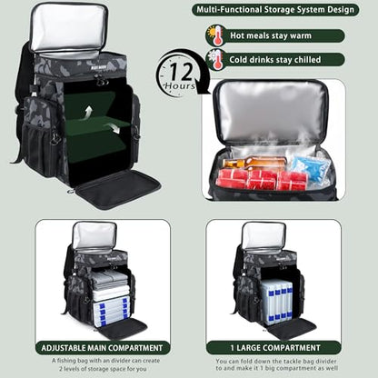 Fishing Backpack with Cooler & 4 Rod Holder, Large 45L Tackle Bag Store Fishing Gear Boxes Gifts for Men Woman-Camo Back Pack