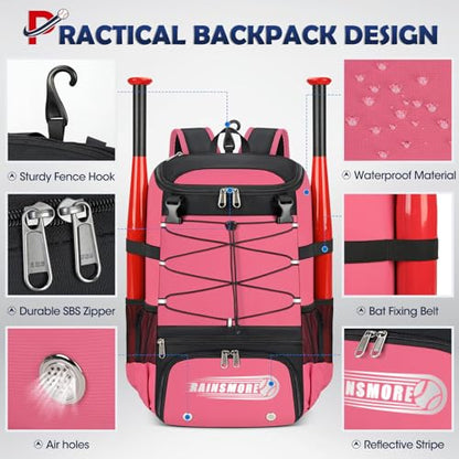 RAINSMORE Baseball Bag for Youth & Adult Lightweight Softball Bat Bag with Shoe Compartment, External Helmet Holder and Fence Hook Waterproof Baseball Backpack Hold T-Ball, Bat and Softball Equipment - color: Pink