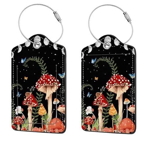 2 Pcs Luggage Tags for Suitcases,PU Leather Cruise Ship Luggage Tags with Privacy Cover Label Address Card and Durable Metal Ring Suitable for Men Women,Handbags Backpacks,Mushrooms Under The Stars - color: Mushrooms Under the Stars
