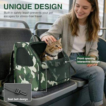 Cat Carrier Backpack Camouflage Cat Backpack Carrier Pet Travel Bag | 3-Sided Breathable Mesh, Foldable & Lightweight, Built-in Safety Leash, Front Pocket Storage, Fits Pets up to 11 lbs