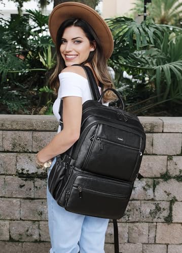 Shrrie 17 Inch Laptop Backpack Purse for Women with Giant Tumbler Holders | Vegan Leather Backpack with Large Water Bottle Pocket,Work Travel Business College Teacher Nurse,35L Large Capaity - color: Black
