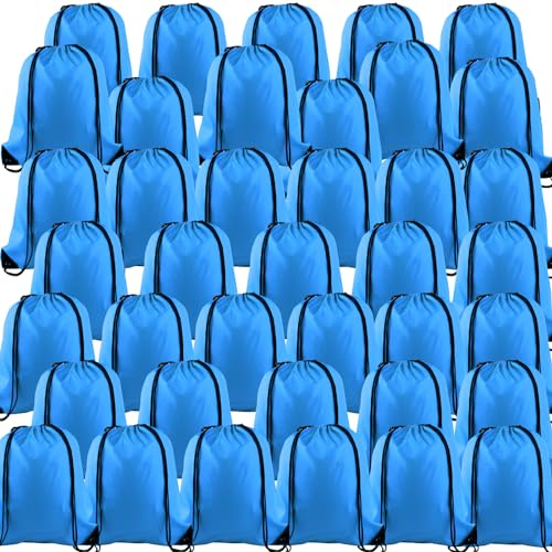 KUUQA 40Pcs Drawstring Backpack Bags Bulk Light Blue Drawstring Bag Foldable Gym Bag Sport Cinch Sack String Backpack Storage Bags for Women Men Shopping Gym Travel Sports - color: Light Blue