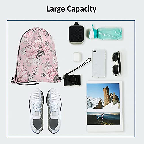 Pink Floral Print Polyester Drawstring Backpack, Unisex, 14x16.9 Inch, Modern Style, Soft Shell, Rectangular Shape, Shoulder Strap, Waterproof, Perfect for Travel, Work, School, Gym - color: Multi-a94