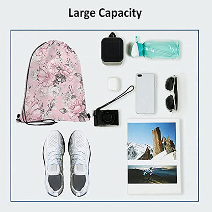 Pink Floral Print Polyester Drawstring Backpack, Unisex, 14x16.9 Inch, Modern Style, Soft Shell, Rectangular Shape, Shoulder Strap, Waterproof, Perfect for Travel, Work, School, Gym - color: Multi-a94