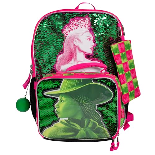 AI ACCESSORY INNOVATIONS Wicked 5 Piece Backpack Set, Galinda & Elphaba Flip Sequin Girls School Bag with Front Zip Pocket, 2 Side Mesh Pockets, Pink & Green - color: Wicked