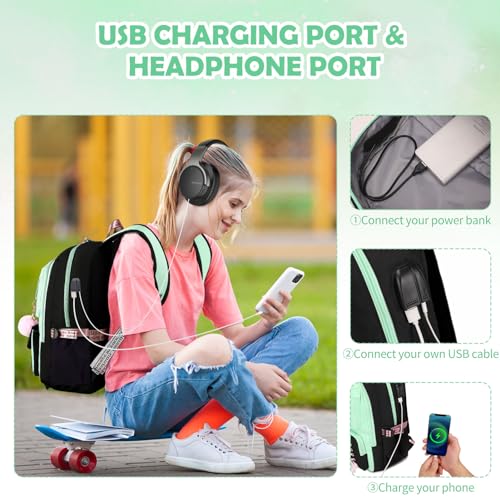 ACESAK Backpacks for Girls, Girls Backpack with Lunch Box and Pencil Case for Teen Kids Elementary Middle High School College Student, Children Backpack Bookbag with USB Charging Port (Black Green) - color: Black & Green