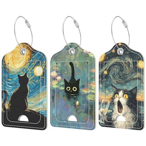 Rimilak 3 Pcs PU Leather Luggage Tags for Suitcase, Travel Cruise Luggage Tag with Privacy Flap, Name ID Label and Metal Loop for Women Men Baggage Handbag School Bag Backpack, Famous Paintings Cats - color: Famous Paintings Cats