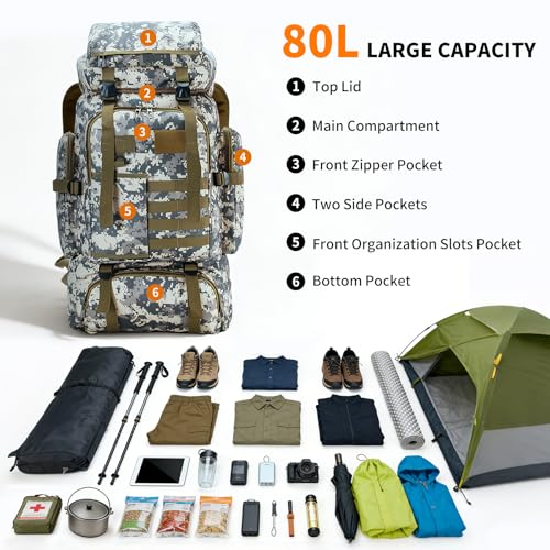Hiking Backpack Tactical Backpack for Men Women, 80L Military Backpack Rucksack Waterproof Large Travel Camping Backpack for Men, Molle Rucksack Outdoor Travel Cycling Daypack (City Camo) - color: City Camo