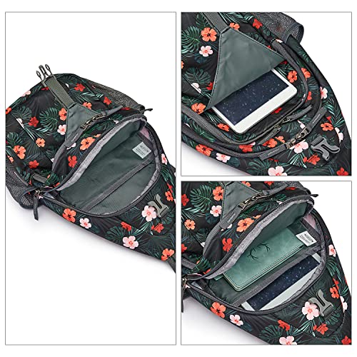 G4Free Sling Bag for Men and Women, RFID Blocking Crossbody Bag, Lightweight Sling Backpack for Travel, Hiking, Walking and Daily Use - color: Black Base Flora