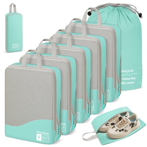 Compression Packing Cubes 8 Set, Dual Zipper Compression Packing Cubes for Travel, See-Through Mesh Packing Bags for Suitcases, Compression Cubes with Shoe Bag - color: 8 Set