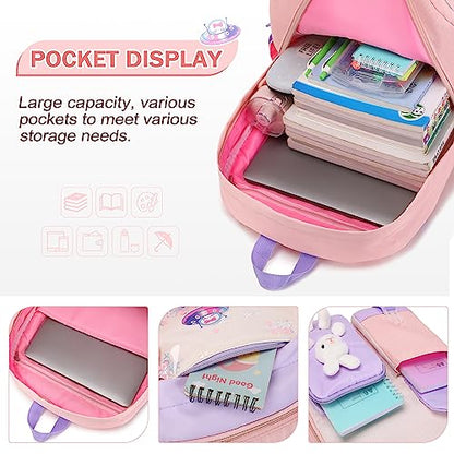 FIXITOK Girls Backpack Set, 3PCS Kids Backpack for Girls, Kawaii Bunny School Backpacks for Girl Kindergarten Elementary Preschool Middle School Bags with Lunch Box Pencil Case Pink - color: Pink