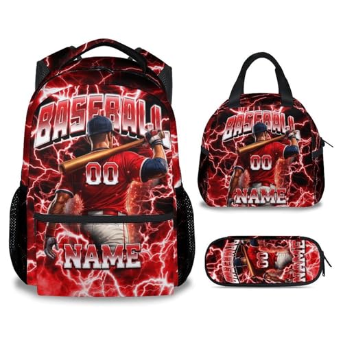 UNIKITTY Boys Baseball Backpack Set with Lunch Box & Pencil Case, Personalized School Backpack for Kids Teens; 17 Inch Large Capacity Baseball Bookbag, Water Resistant for Elementary & Middle School - color: Red