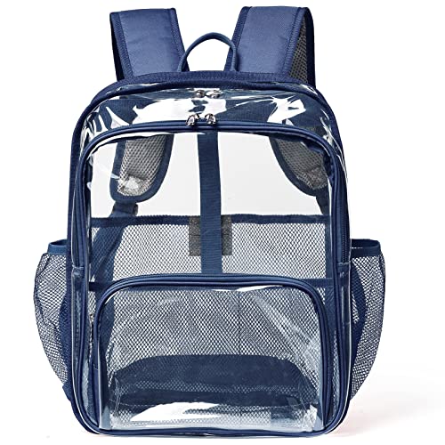 Clear Backpack, 15'' Clear Backpacks for School Heavy Duty See Through Bookbag Multi-pocket PVC Backpack for Men Women, Navy Blue - color: Navy Blue, size: Large-15.5in