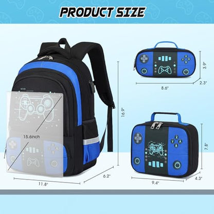 Bevalsa Backpack for School Boys, Cool Luminous Gamer Boys Schoolbag with Lunch Box & Pencil Case Set for Kids Teens Elementary Middle School, Bookbag Glow In The Dark(Blue Game Backpack) - color: Blue Game, style: Backpack