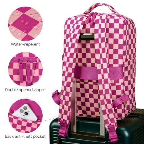 Checkered Backpack for Women Fashion Backpacks with Laptop and Multi Compartment for Travel and Work Rose Red Check - color: Rose Red Check