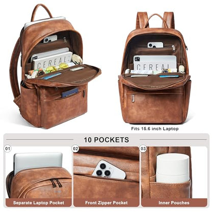 Vegan Leather Backpack for Women and Men, Fits 16.0 Inch Laptop, Multi-Pocket Design with Water Bottle and Luggage Strap, Ideal for Work, Travel, and Daily Use, Brown - color: 1-1 Brown