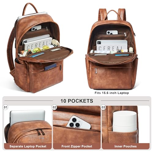 Vegan Leather Backpack for Women and Men, Fits 16.0 Inch Laptop, Multi-Pocket Design with Water Bottle and Luggage Strap, Ideal for Work, Travel, and Daily Use, Brown - color: 1-1 Brown
