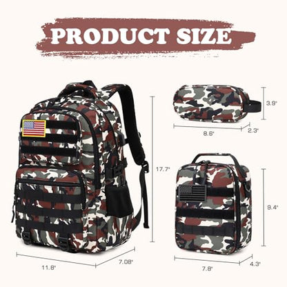 Camo Backpack for Boys, Tactical Boys Backpack with Lunch Box Pencil Case, Kids Backpacks with USB Charging Port, Military Army School Bookbag for Teen Boy Elementary Middle High School Camp - color: Brown-green