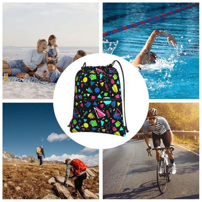 JOOCAR 80s 90s Drawstring Bag Restro Backpack Draw String Bags Waterproof Lightweight Sports Gym Beach Sackpack Zipper Pocket for Men Women - color: B12